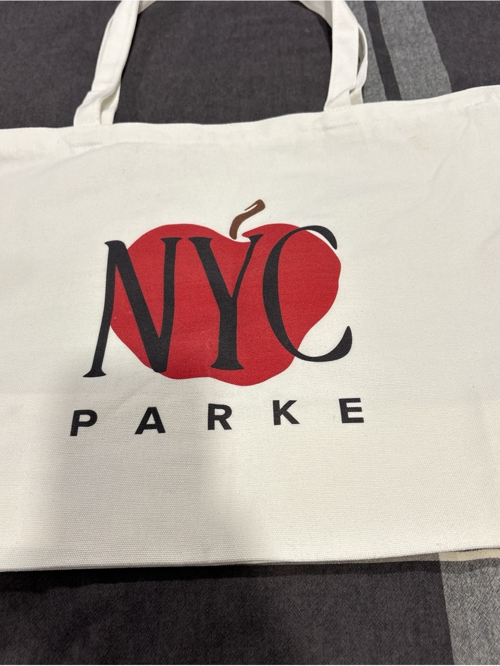 Parke NYC White Canvas Tote with Red Apple Graphic